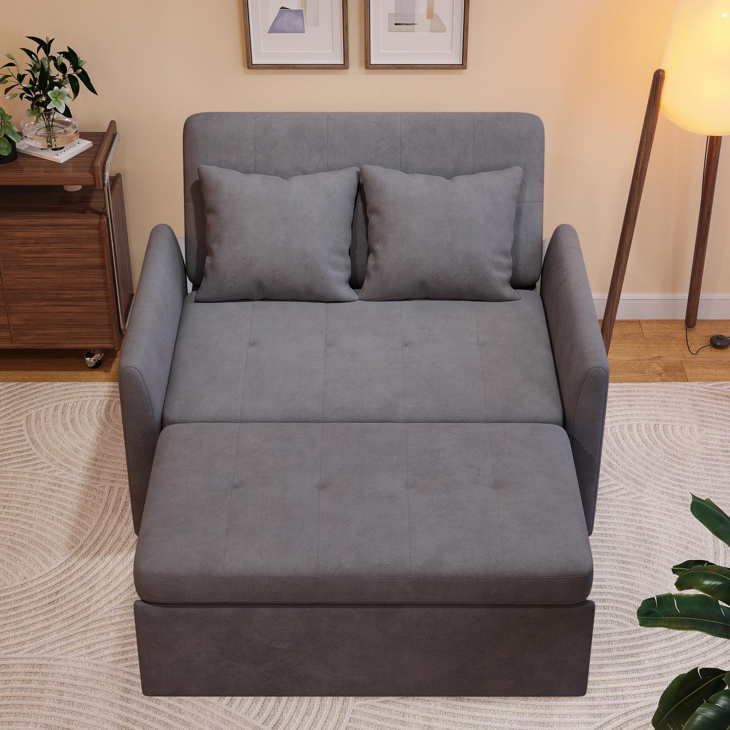 AYEASY Sleeper Sofa Bed, 3 in 1 Convertible Sleeper Couch Bed Pull Out, Small Loveseat Sofa, Futon Sofa Bed Full Size, 46" Velvet Love Seat with Pillow and Phone Holder for Living Room, Grey