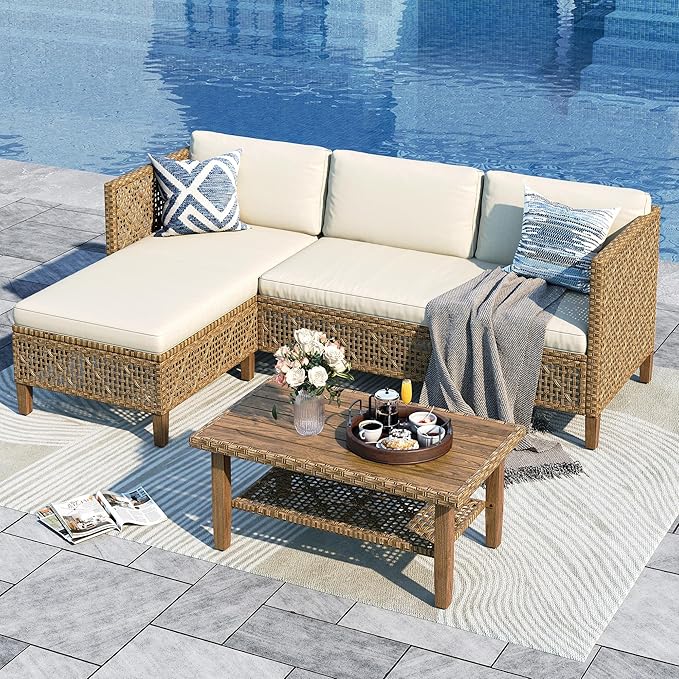 Sophia and William Boho Wicker Patio Furniture Set, Outdoor Rattan Sectional Sets Conversation Set - Weather-Resistant, with Dual Storage Coffee Table Acacia Wood Legs for Garden, Patio & Deck(Beige)