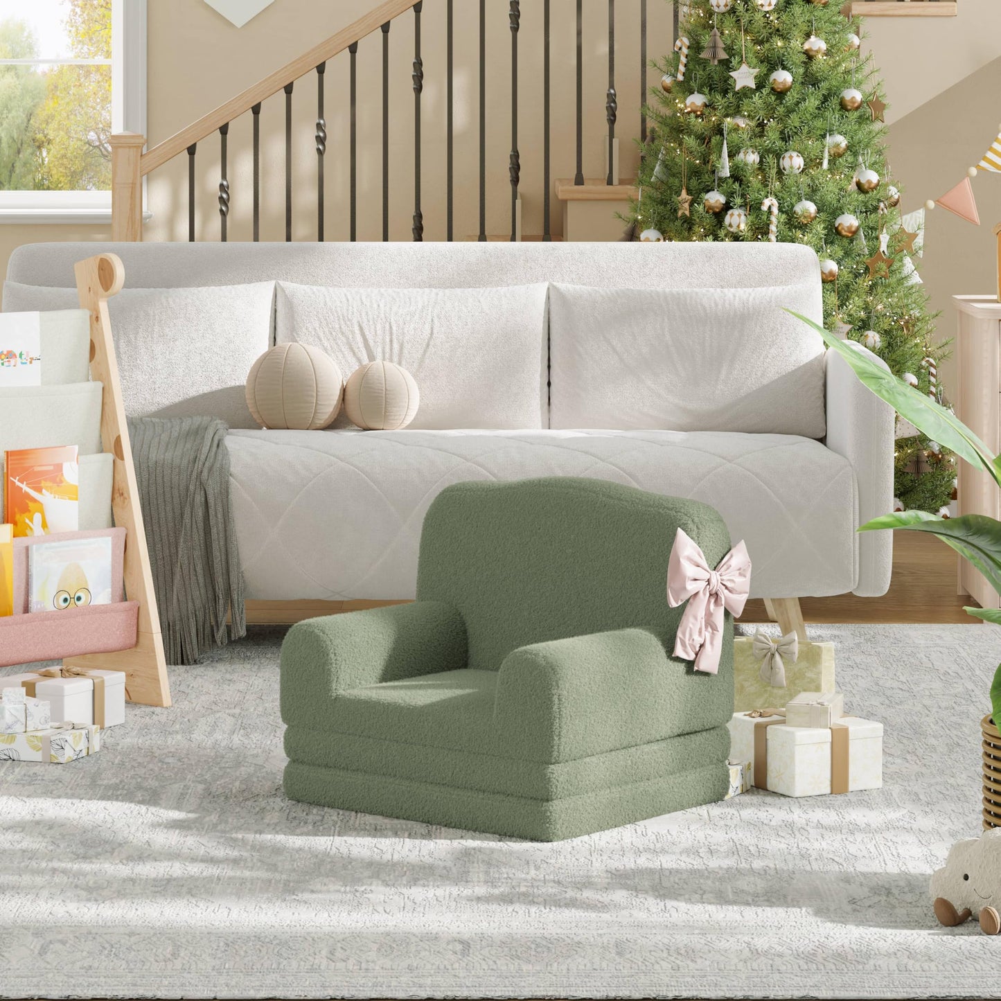 GarveeHome Kids Couch, 2-in-1 Comfy Toddler Couch Fold Out, Convertible Sofa to Lounger Foam Kids Chair with Soft Sherpa, Gift for Girls and Boys (Green-Crown, Large)