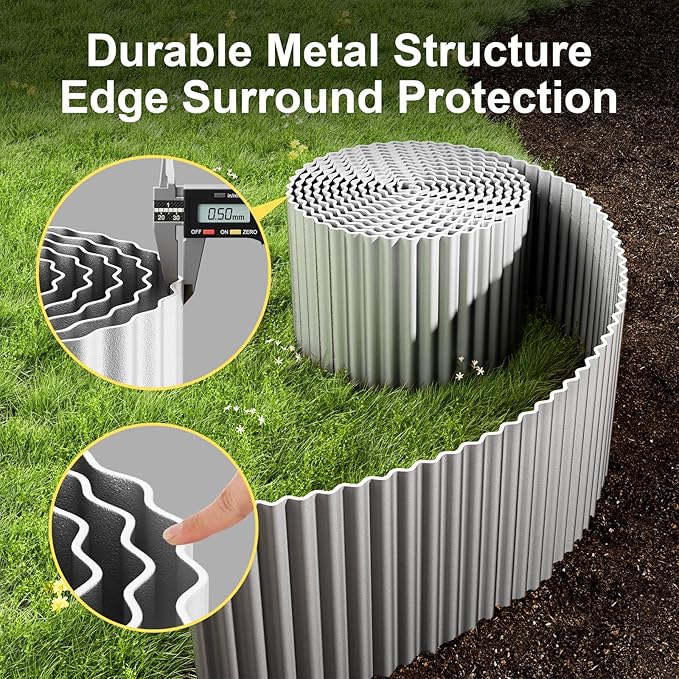 Land Guard Corrugated Garden Edging Border, 12" × 25' Landscape Paver Edging, Tall Landscape Edging, Fence for Garden, Flower Bed, Lawn and Landscape Edging (Silver)
