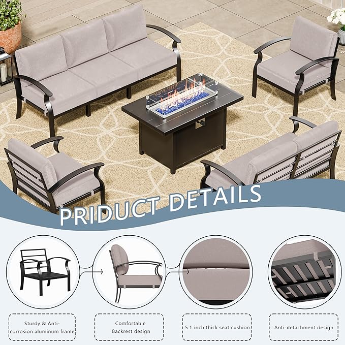 RTDTD Aluminum Outdoor Patio Furniture Set,5 Pieces 7 Seats Patio Conversation Sets with 45" Propane Fire Pit Table,Metal Patio Sectional Furniture Set w/5.1" Cushions for Porch,Deck,Backyard,Sand