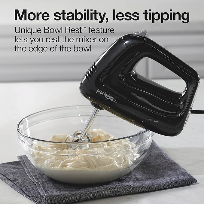 Proctor Silex Easy Mix 5-Speed Electric Hand Mixer with Bowl Rest, Compact and Lightweight, 215 Watts of Peak Power, Black (62511)