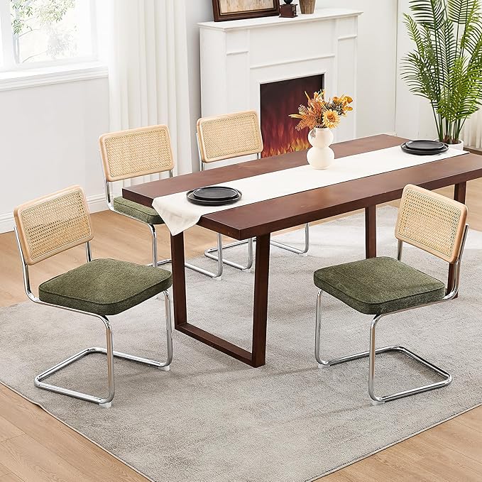 Zesthouse Natural Rattan Dining Chairs Set of 6, Mid Century Modern Dining Chairs with Solid Wood Back & Chrome Base, for Kitchen Living Room, Breuer Design Inspired, Upholstered Linen Fabric, Green