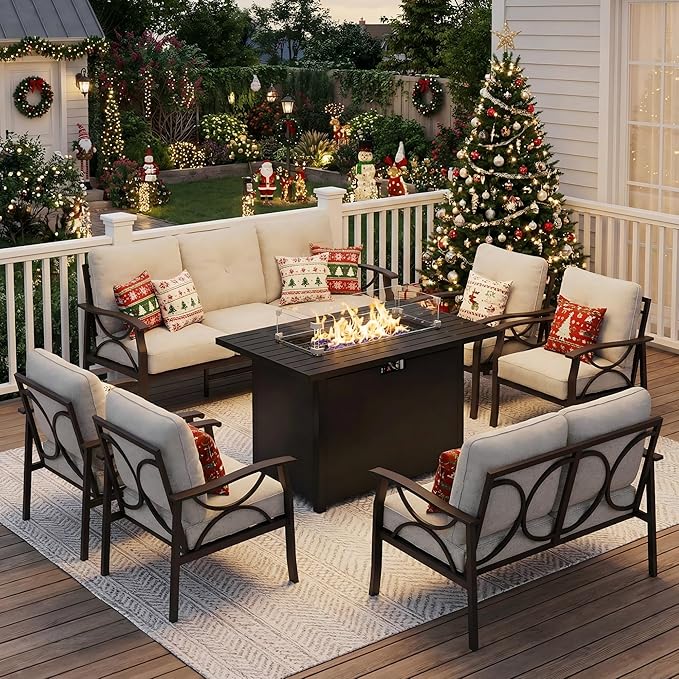 FansaFurn 7-Pieces Outdoor Patio Furniture Set with 43" Fire Pit Table, Metal Outdoor Sectional Furniture with Cushions, Outdoor Conversation Set for Garden, Balcony, Deck, Backyard, Khaki