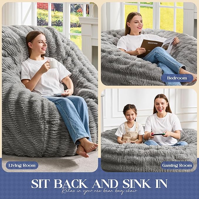 Hobestluk Bean Bag Chairs Beanbag Chair with Filler Adult Bean Bags with Fluffy Ripple Cover, Giant Bean Bag Chairs for Adults (Grey, 5FT - 50" x 50" x 24")