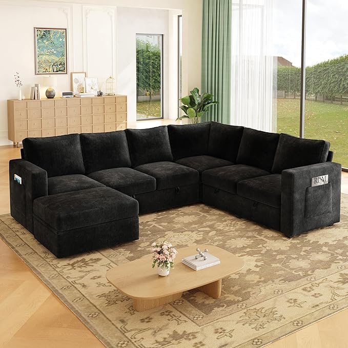 SUAWY 106.7" Sectional Sleeper Sofa with Pull Out Couch, Modern 7 Seat U Shaped Modular Couch, Sectionals Modular Sofa with Storage, Comfy Sectional Couches for Living Room & Apartment, Black