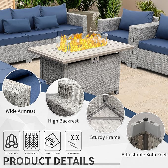 WAROOM Patio Furniture Set 6 Piece Grey Wicker Outdoor Sectional Sofa Balcony Furniture Couch PE Rattan Conversation Sets with Fire Pit Table, Blue Cushion