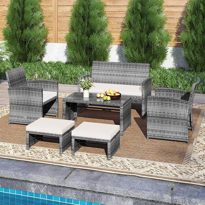 Tangkula 6 Pieces Patio Furniture Set, Outdoor Rattan Conversation Chairs Set with 1 Loveseat, 1 Coffee Table, 2 Armchairs and 2 Ottomans for Garden, Deck, Backyard and Poolside (Off White)