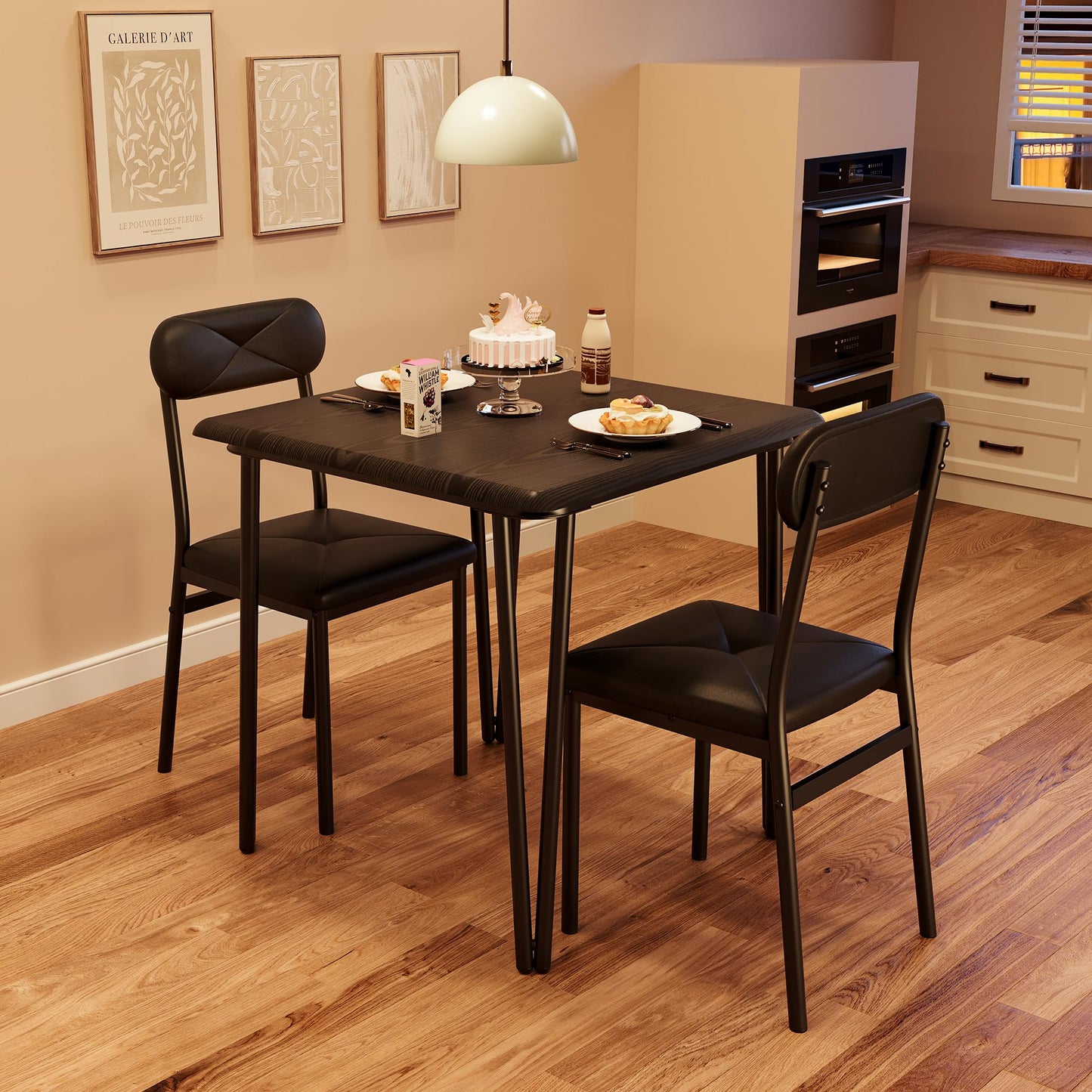 Dining Table Set for 4 with Black Wood Grain – Spacious Square Table with Rounded Corners and 4 Upholstered Chairs, Ideal for Apartment Living Room, Dining Room, (Black 3 Piece)