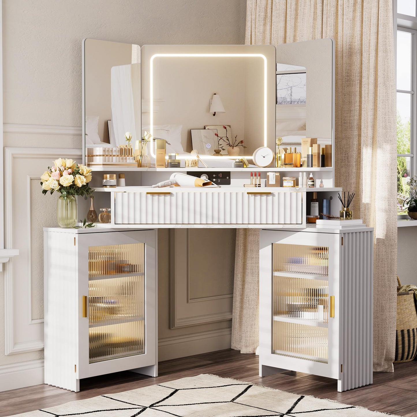 PAKASEPT Corner Vanity Desk with 3 Way Mirror and Lights, Fluted Makeup Vanity Desk with Glass Top, Charging Station, Storage Cabinets & Drawers, Small Corner Vanity for Bedroom