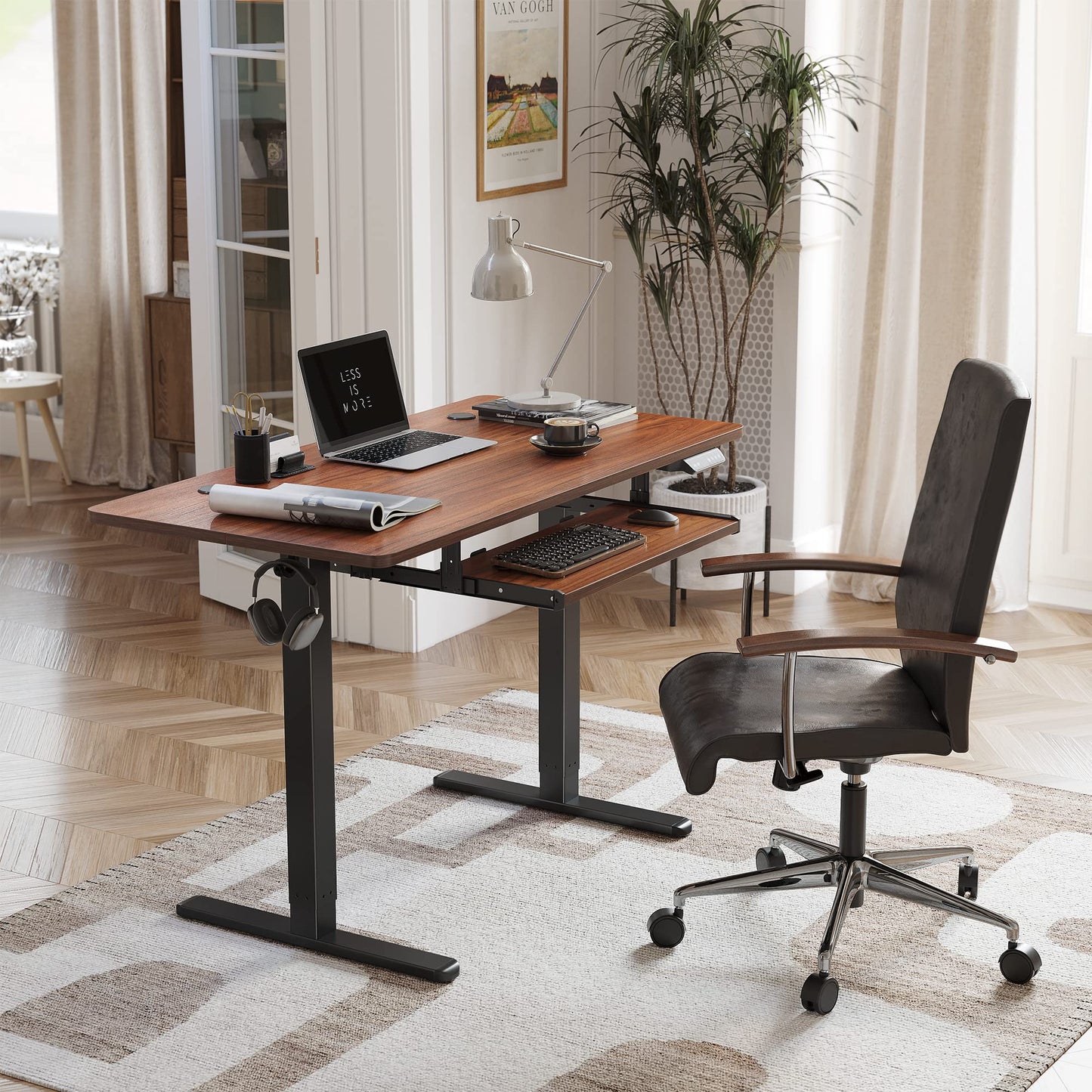 FEZIBO Height Adjustable Electric Standing Desk with Keyboard Tray, 48 x 24 Inches Stand up Table, Sit Stand Home Office Desk with Splice Board, Black Frame/Espresso Top