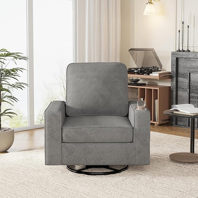 Swivel Square Accent Chair with Wide Armrests,360° Rotating Comfy Single Sofa Chairs with USB/Type-C,Cup Holder & Side Pocket,Modern Armchair for Living Room Bedroom Reading Lounge Nook,Light Grey | Swivel Accent Chair, with USB/Type-C, Cup Holder, Sid...
