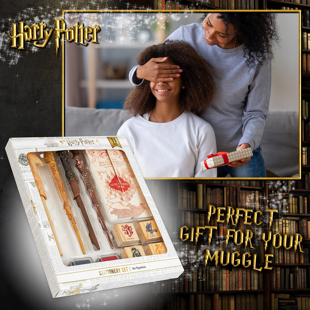 Harry Potter Stationary Set for Boys Girls with 4 Wand Pens Black Ink Marauders Map Hogwarts House Stamp Kit Cute School Supplies Gifts for Kids