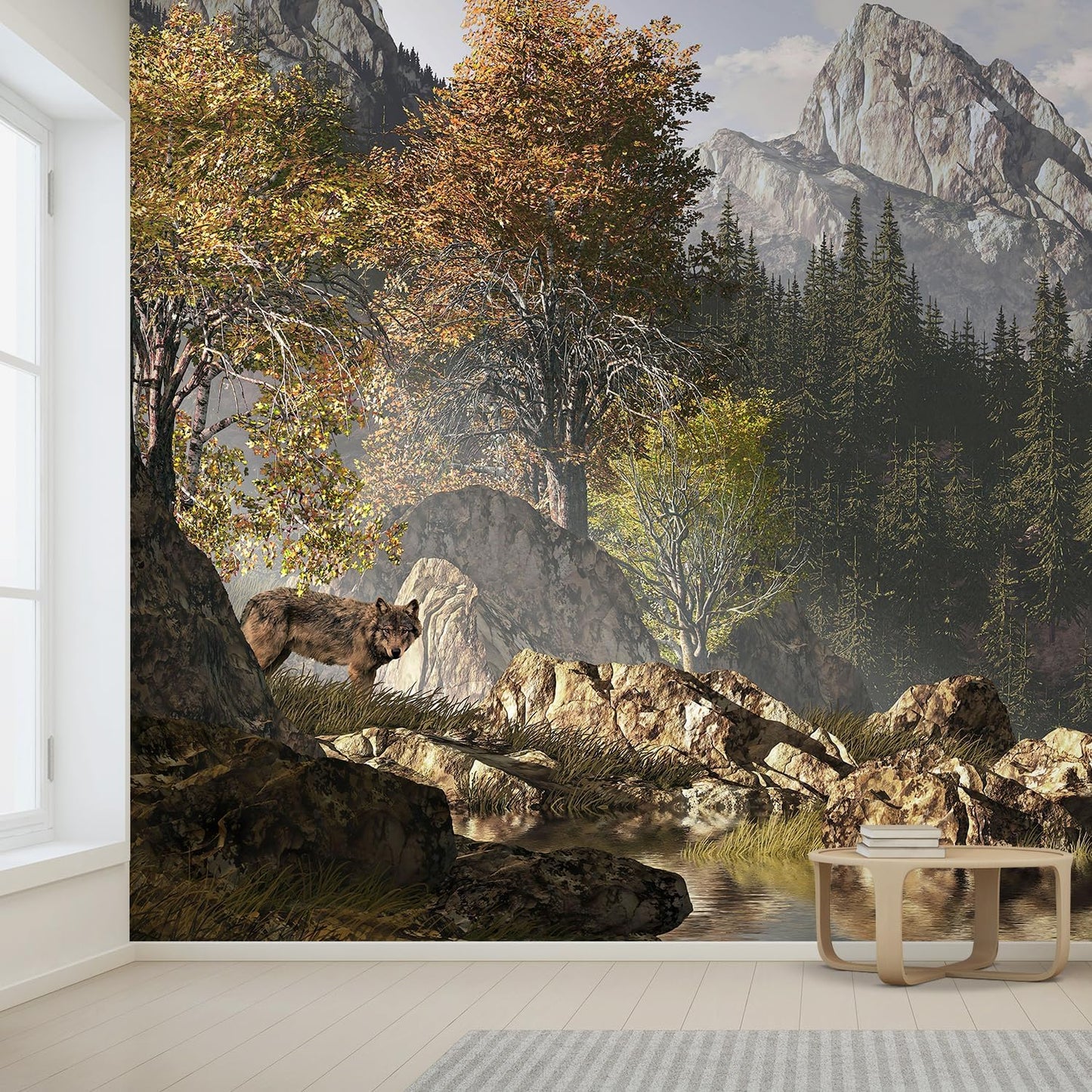 wall26 Wolf Near a Lake in a Rocky Mountain Landscape. Removable Wall Mural | Self- 132x192 inchesAdhesive Large Wallpaper - 132x192 inches