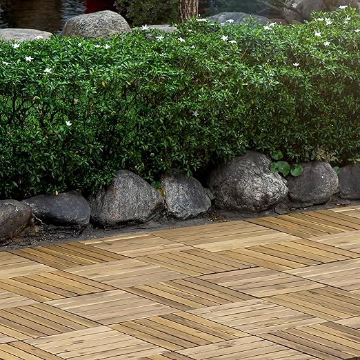 VICTORY RELAX Acacia Wood Decking Tiles 27PCS - Easy Snap Interlocking Deck Tiles for Patio Poolside Balcony Decor - All Weather Waterproof Flooring for Indoor & Outdoor (Round Joints)