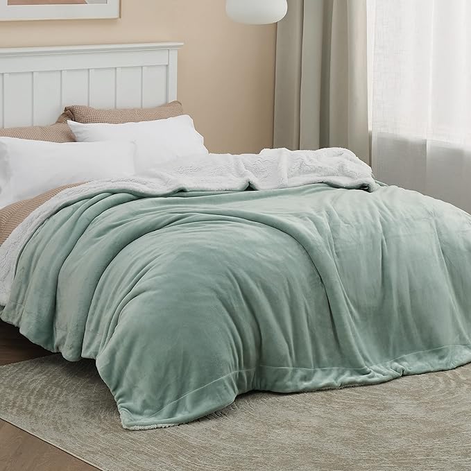 Bedsure GentleSoft Sherpa Fleece Blankets King Size for Bed - Thick and Warm Throw for Women and Men, Soft Fuzzy Plush King Blanket for Winter, Non-Heated, Sage Green, 108x90 Inches
