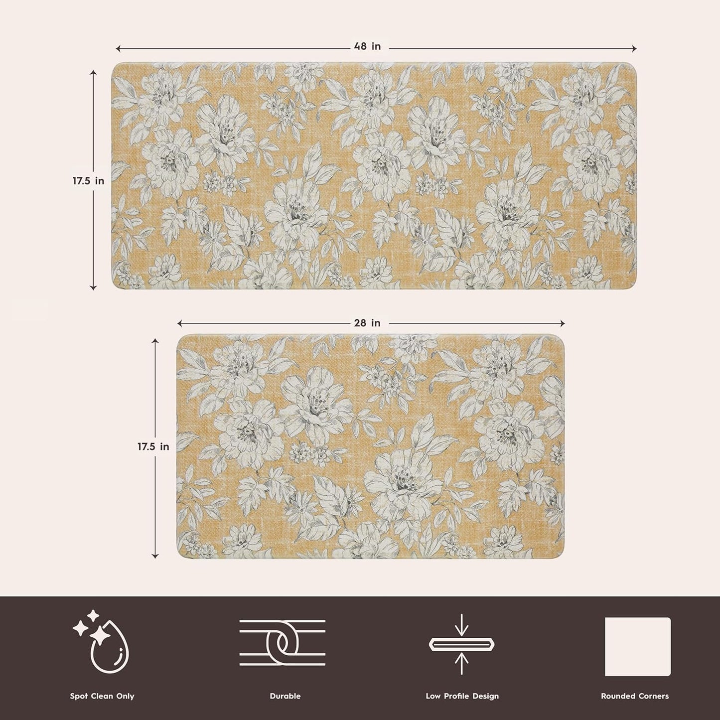 Laura Ashley - Anti-Fatigue Kitchen Mat, Iris Floral Design, Stain, Water & Fade Resistant, Cooking & Standing Relief, Non-Slip Backing, 2 Piece Set, Tawny Yellow