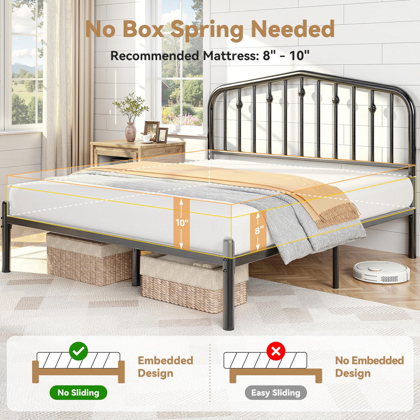 BedsPick 14 Inch Queen Bed Frame, Sturdy Rustic Metal Bed Frame Queen Size, Queen Bed Frame with Headboard and 12.5" Under Bed Space, Curved Corner/No Noise/Easy Assembly/No Box Spring Needed, Black