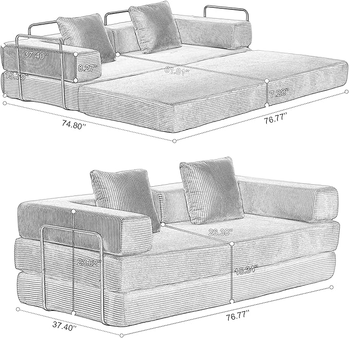 Convertible Couch Sofa Bed Foldable Floor Sleeper | Modern Fold Out Couch | Removable Backrest & Armrests | No Assembly Compression Sofa Sleeper for Living Room, Bedroom | Corduroy Fabric Green