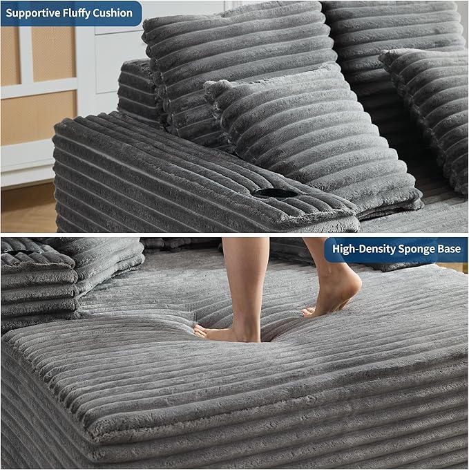 GarveeHome 64in Oversized Corduroy Fabric Bone-Free Sofa Bed Cloud Sofa with Cup Holders and Pillows Comfortable Deep-Seat Sleeping Sofa Chair Suitable for Apartments, Living Rooms, Bedrooms - Gray