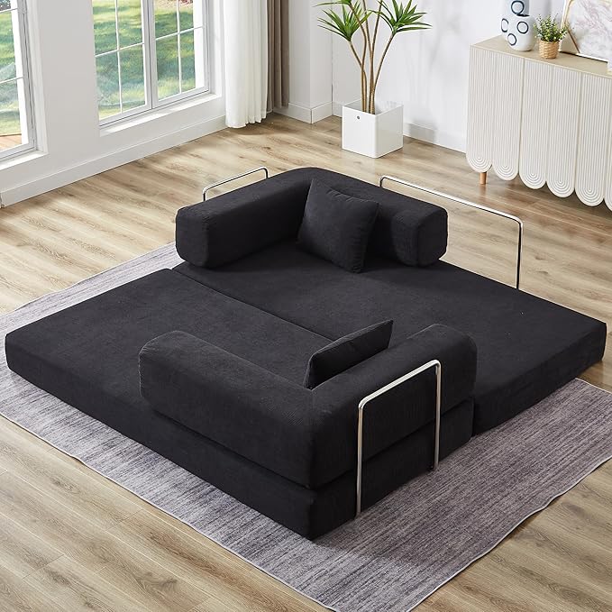 Convertible Couch Sofa Bed Foldable Floor Sleeper | All High-Density Foam | Fold Out Deep Seat Couch | King Size | Compression Sofa Sleeper for Living Room, Bedroom | Corduroy Black