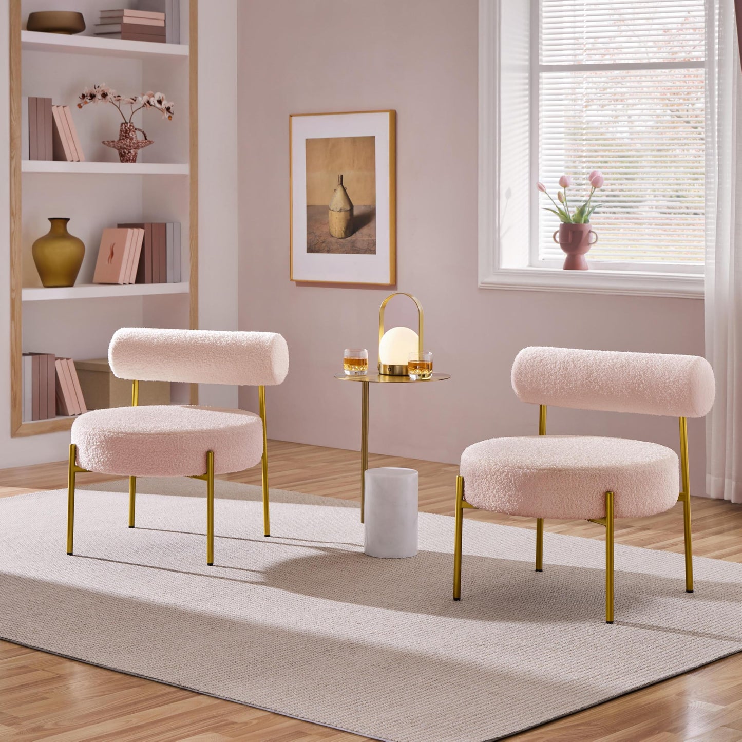 Topeakmart Modern Vanity Chair, Boucle Fabric Accent Chair with Gold Metal Legs for Living Room Makeup Room, Pink