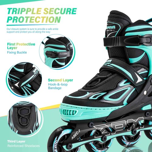 2PM SPORTS Vinal Girls Adjustable Flashing Inline Skates, All Wheels Light Up, Fun Illuminating Skates for Kids Women and Men - Mint Medium