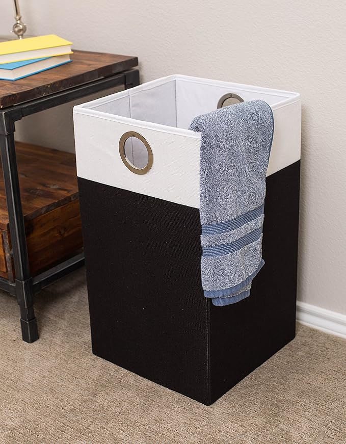 BirdRock Home Folding Cloth Laundry Hamper with Handles | Dirty Clothes Sorter | Easy Storage | Collapsible | Black and White