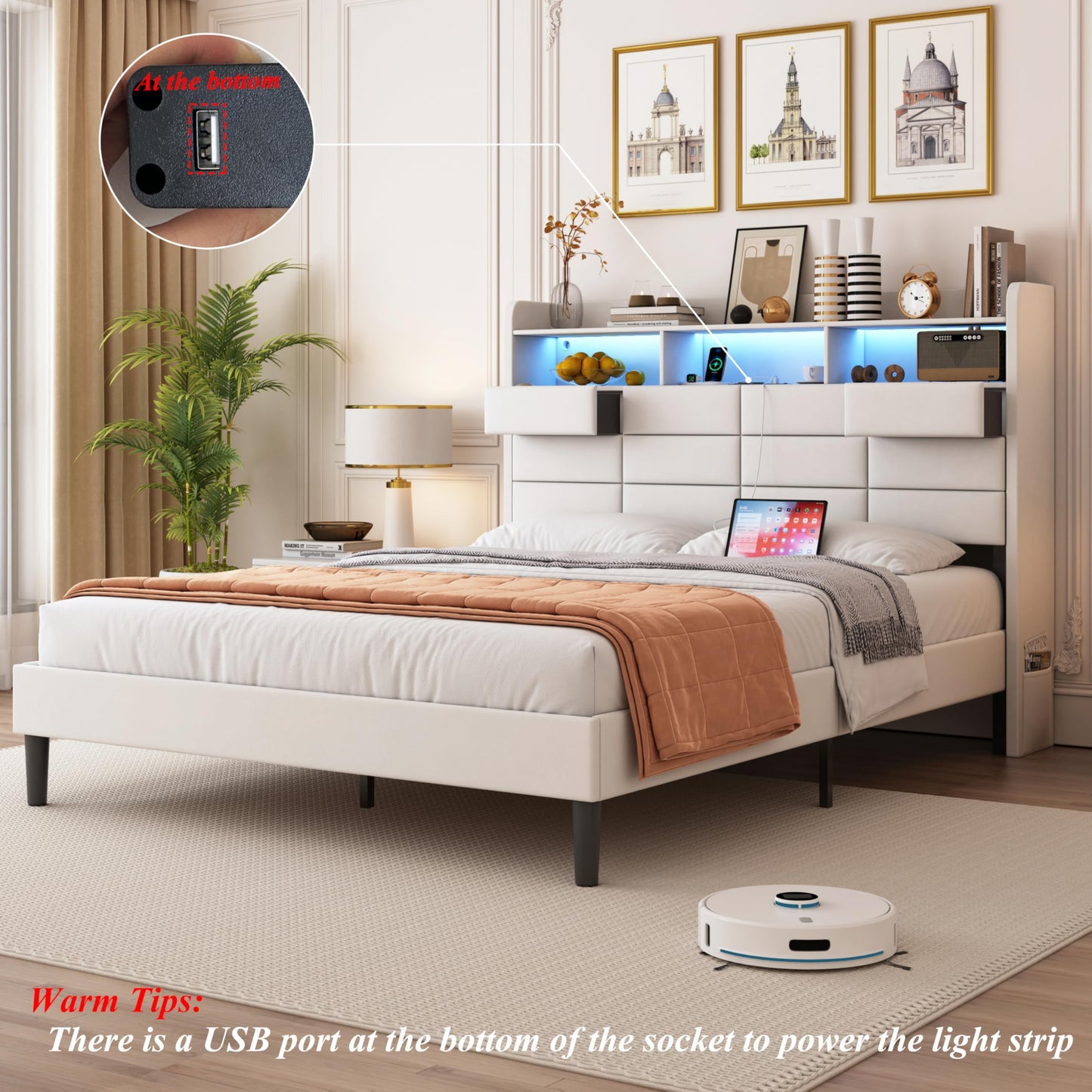 Etditrnp LED Bed Frame Queen Size with Storage Headboard, 2 Hidden Drawers and Charging Station, Velvet Bed Frames with Led Lights, Wooden Slats Support, Easy Assembly, No Box Spring Needed, Beige