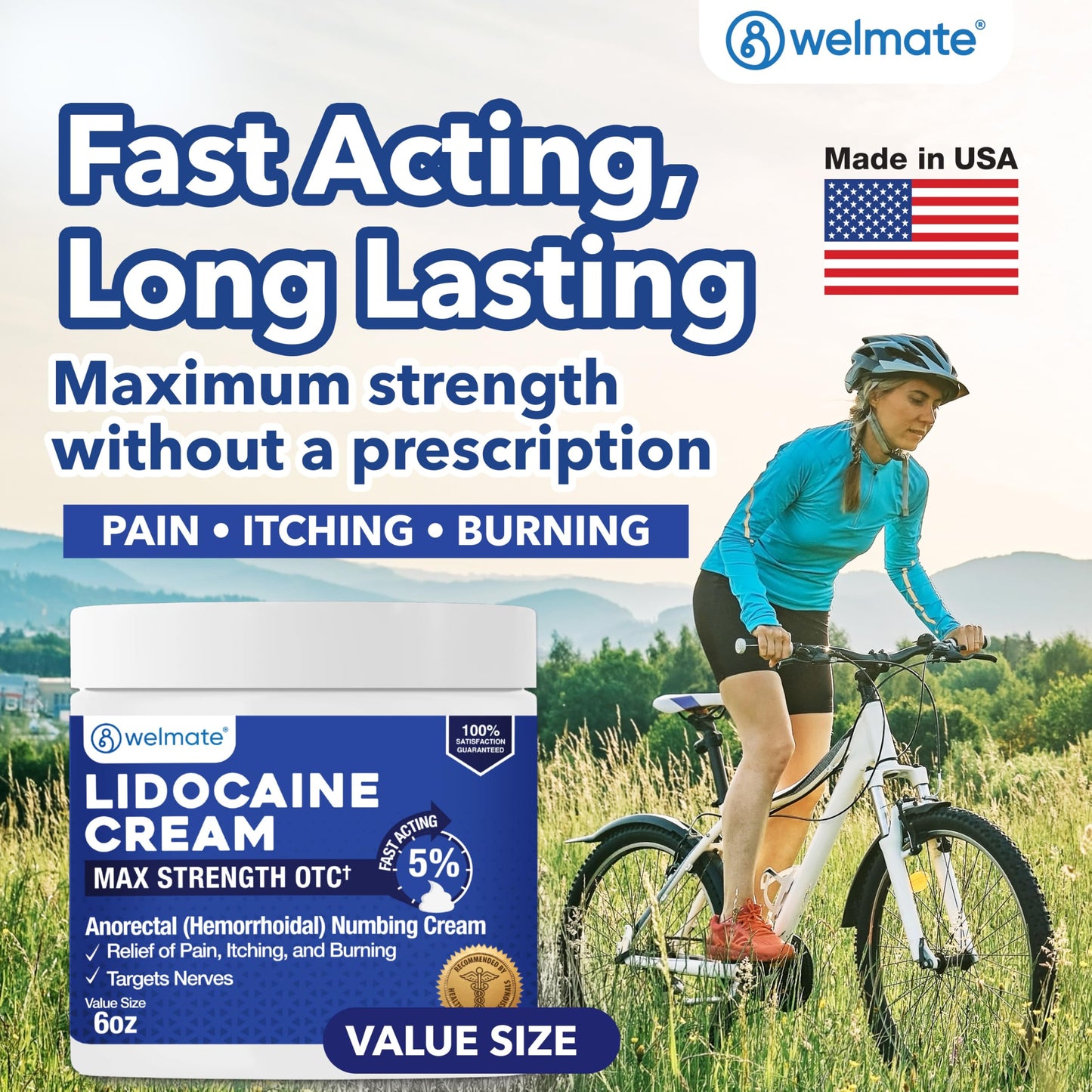 WELMATE 5% Lidocaine Cream for Hemorrhoids, 6 oz Jar – Fast-Acting Lidocaine Numbing Cream & Topical Analgesic Cream for Anorectal Itch Relief