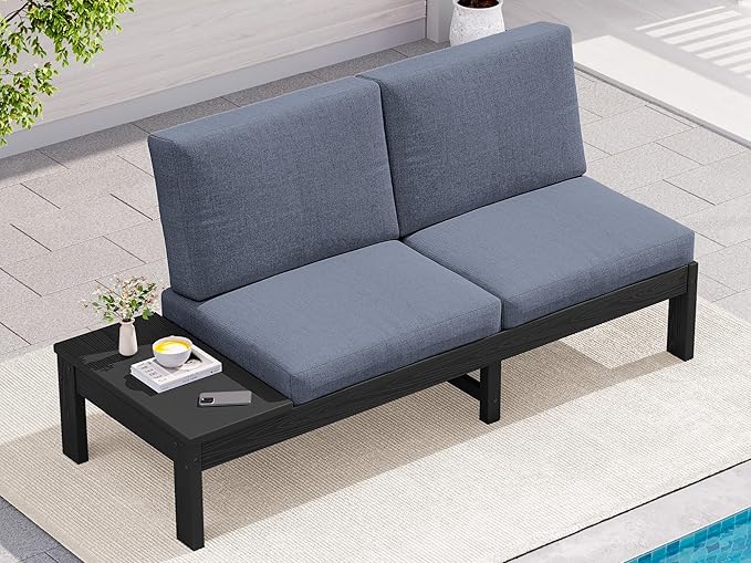 SERWALL HDPE Outdoor Loveseat Sofa, 2 Seats Patio Sofa, All-Weather Patio Conversation Sets with Adjustable Backrest Sofa for Backyard and Garden, Black Frame with Grey Cushion