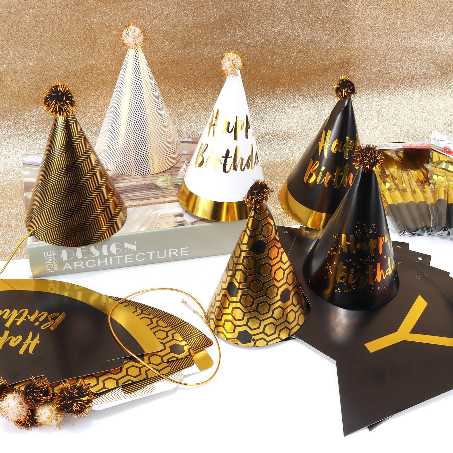 Exacoo 25Pcs Gold Birthday Cone Hat Set Includes 12 Gold Black White Party Hats for Adults 12 Gold Funny Noise Makers 1Pc Happy Birthday Banner Party Essentials Decorations Gorros de Cumpleaños