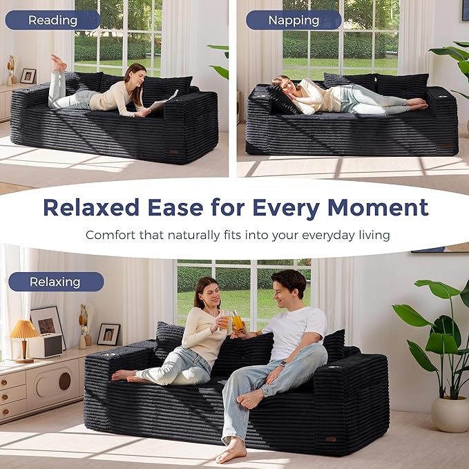 MAXYOYO 79" Oversized Boneless Loveseat Sofa Couch for Small Spaces, Mini Love Seat Floor Couch with Cup Holders and Pillows, 3-Seater Upholstered Cloud Couch for Bedroom, No Assembly Required