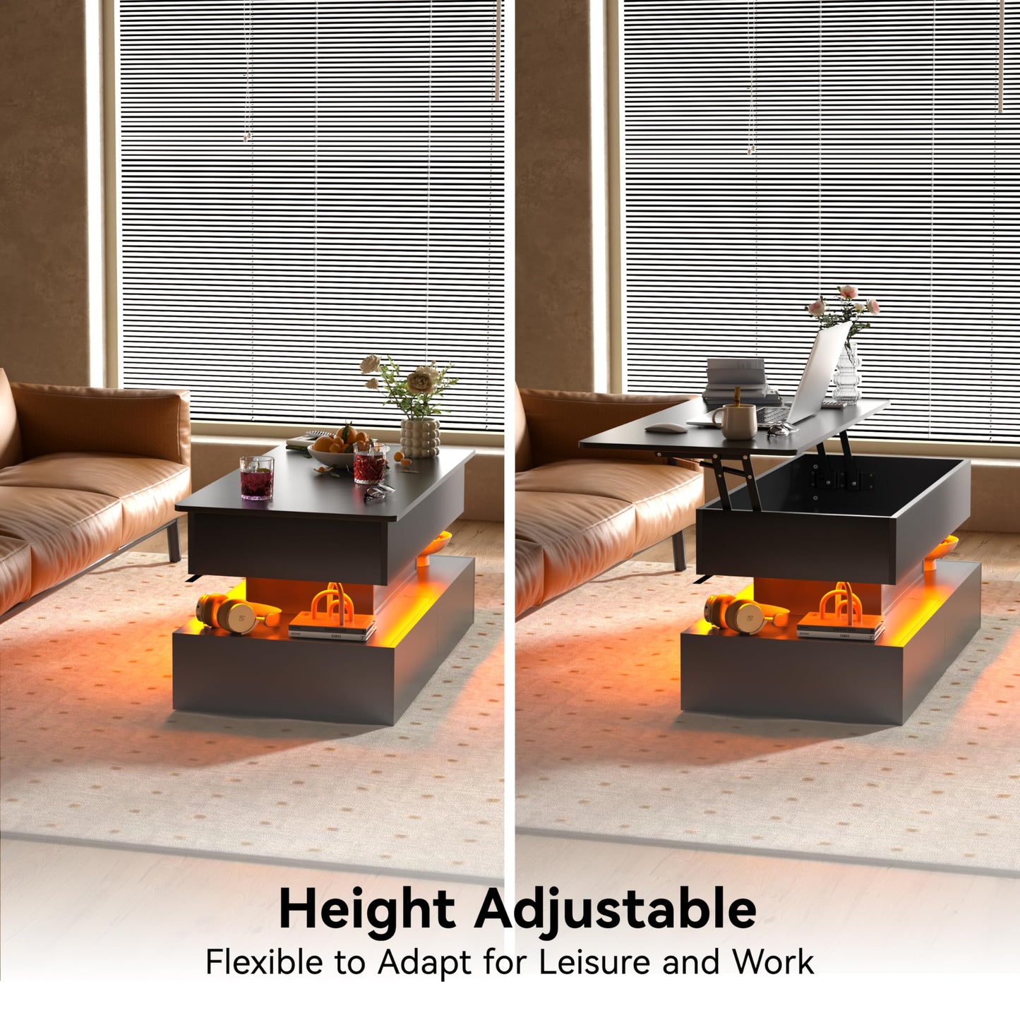 Oransail 40" Lift Top Coffee Table with 3 Fabric Drawers and Hidden Compartmen, LED Coffee Table, Farmhouse Coffee Tables for Living Room, Dining Room