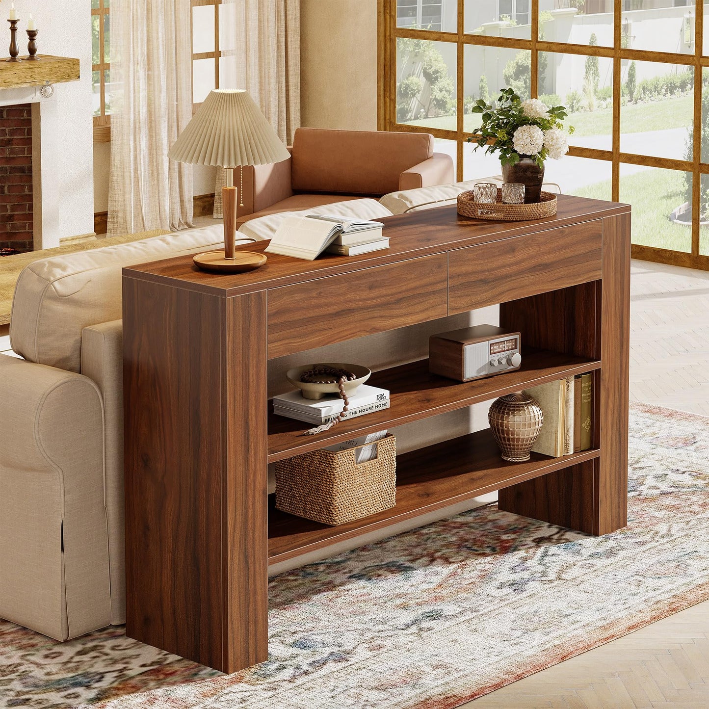 Tribesigns 53.15-Inch Console Table with 2 Drawers, 3-Tier Entryway Table with Storage for Living Room, Sofa Console Behind The Couch for Foyer, Hallway, Entrance (Dark Walnut)
