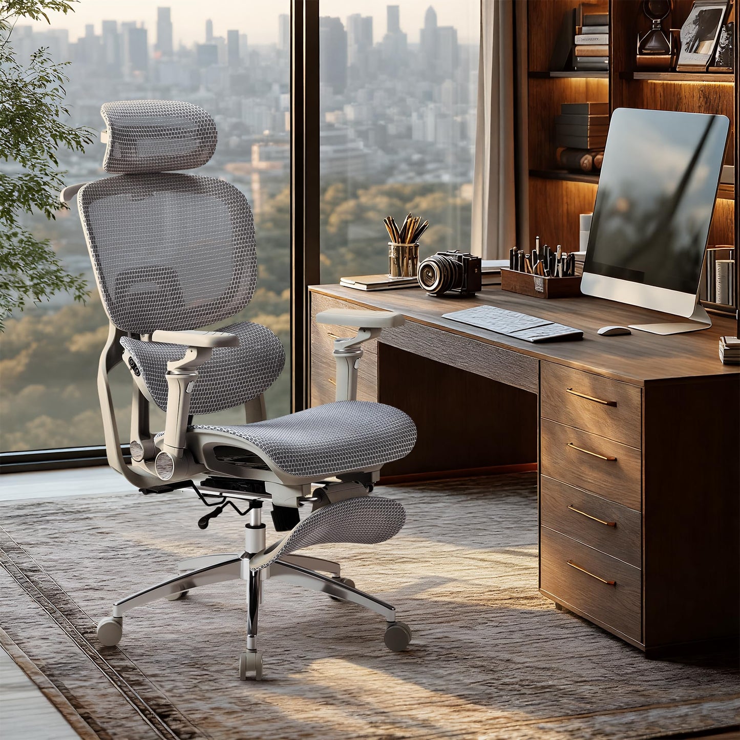 Furmax Ergonomic Office Chair, High Back Executive Chair with Heated Massage Lumbar Support, 6D Armrests, Adjustable Headrest & Footrest, Breathable Full-Mesh Design, Gray