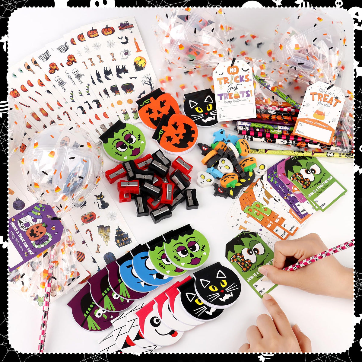 POPGIFTU Halloween Party Favors for Kids - 28 Pack Giant Lollipop-Shaped Stationery Set with Pencil Sticker Erase Notepad Sharpener for Halloween Trick or Treat, Classroom Gifts for Boys & Girls