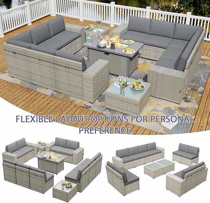 Broivira 13 Piece Patio Furniture Set with 50,000 BTU Rattan Fire Pit Table That Converts to Coffee Table, 9.8" Wide Arm Sectional Sofa with Storage Armrests, Outdoor Rattan Conversation Set, Grey