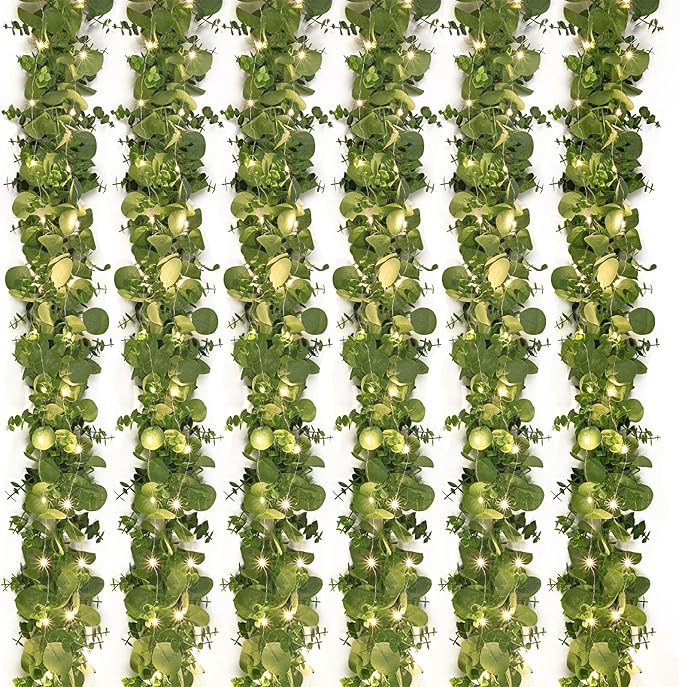 Dolicer 6 Packs 6FT Artificial Eucalyptus Garland with LED Light String, Faux Greenery Garland Hanging Fake Silver Dollar ...