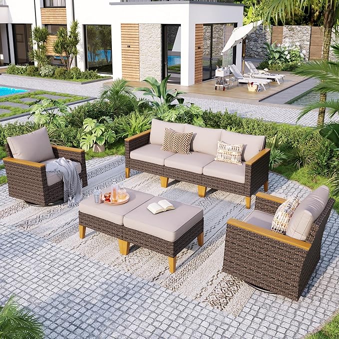 GREEN PARTY 7 Pieces Wicker Patio Furniture Set, All-Weather Outdoor Rattan Patio Sectional Sofa Conversation Set 7 Seats with 4" Thick Cushions for Garden, Backyard, 2 x Swivel Chairs