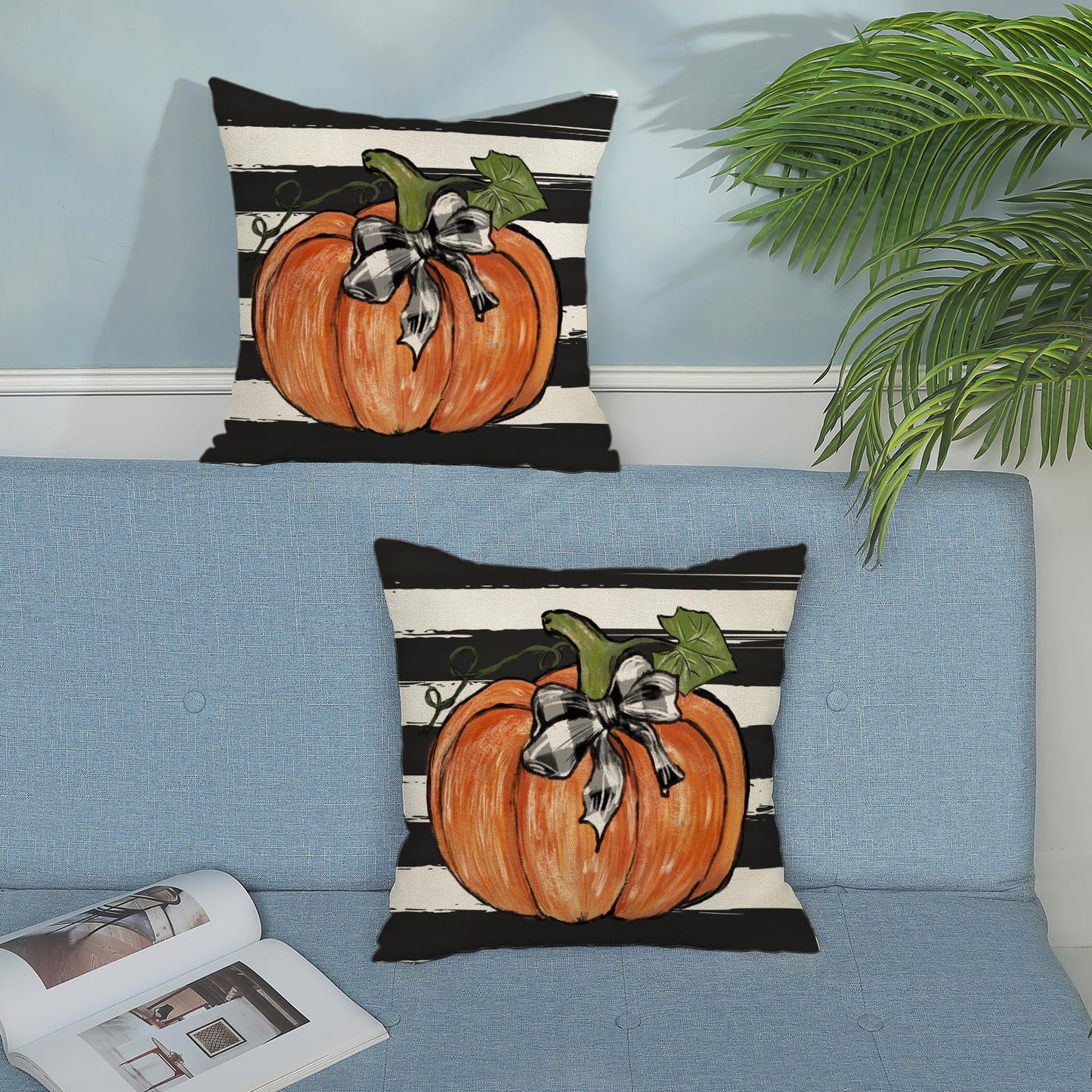 Gohdiwh Fall Pillow Covers 18x18 Set of 2 Pumpkin Maple Leaves and Stripes Fall Decor Pillowcase Linen Autumn Thanksgiving Decorative Outdoor Throw Pillow Covers Farmhouse Cushion Case for Couch Home