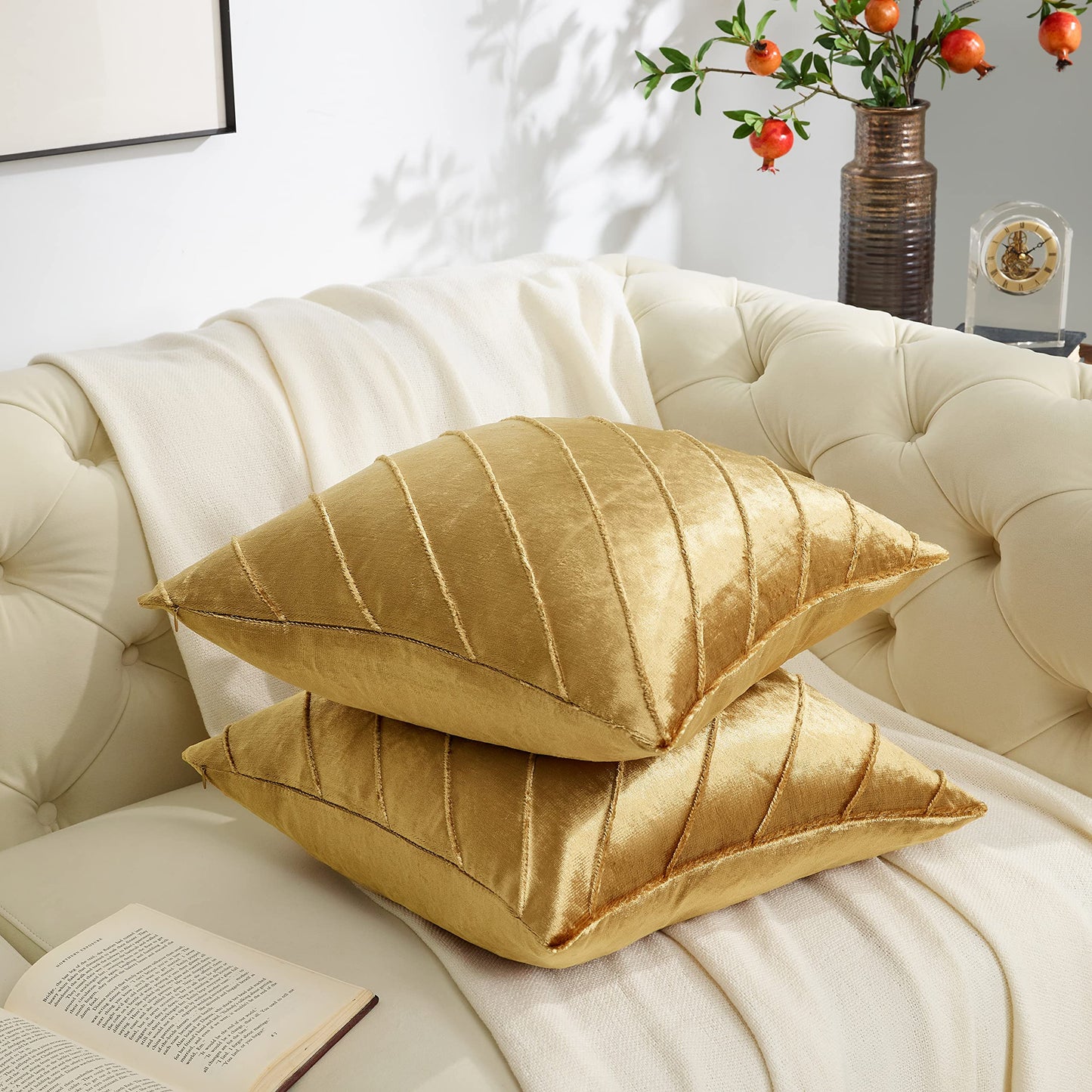 GIGIZAZA Decorative Velvet Pillow Covers 18x18, Set of 2 Gold Sofa Couch Throw Pillows Covers Cases, Living Room Square Cushion Accent Stripe Covers