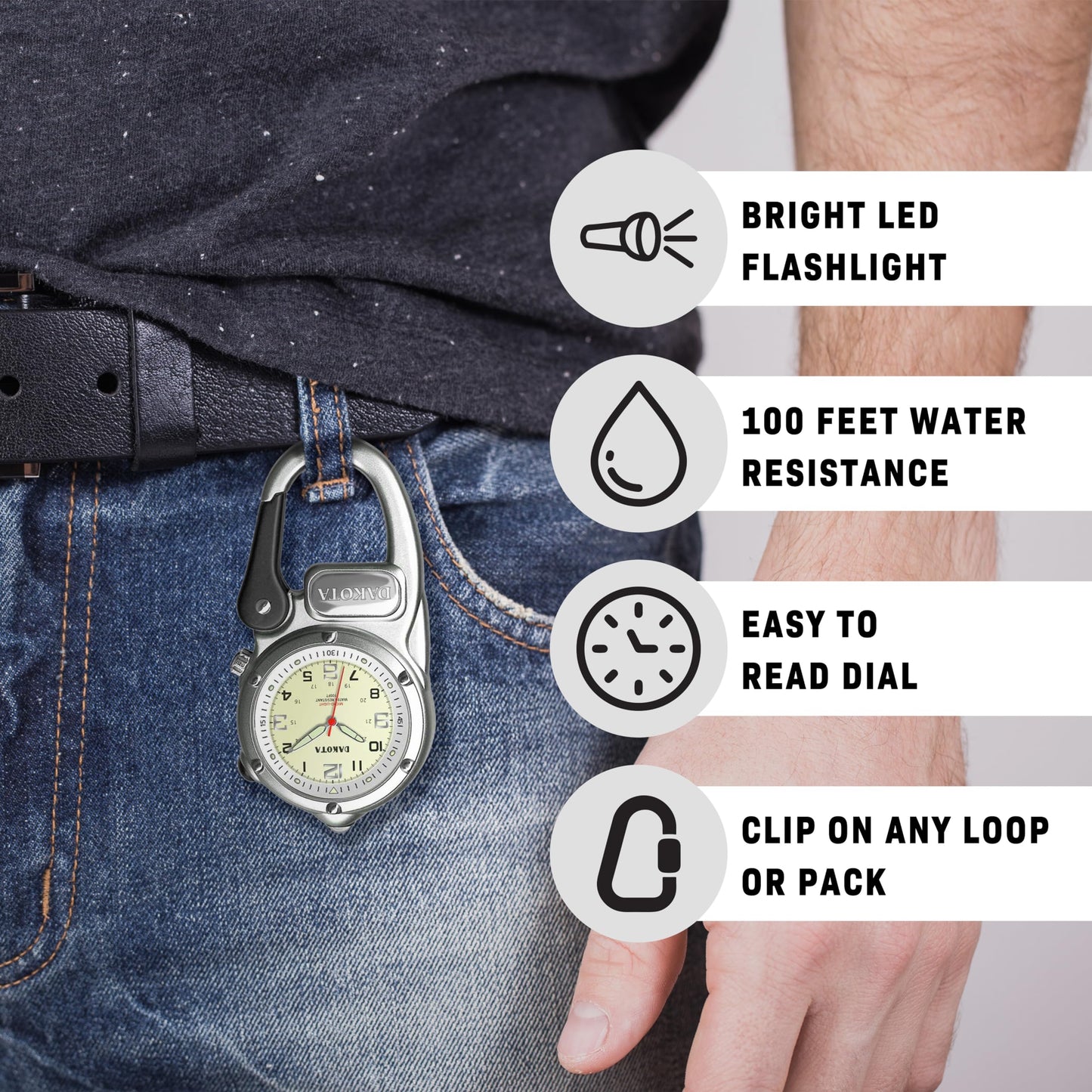 Dakota Mini Clip Microlight, Flashlight and Watch, Outdoor Gifts for Men and Women, Use for Fishing Hunting, and More, LED Flash