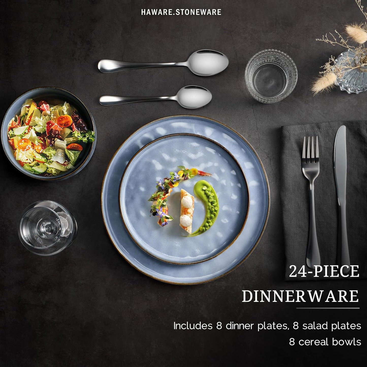 HaWare Dinnerware Sets, 24-Piece Plates and Bowls Set, Stoneware Dish Set for 8, Ceramic Dinnerware for Home Restaurant, Chip and Scratch Resistant, Microwave and Dishwasher Safe, Reactive Blue
