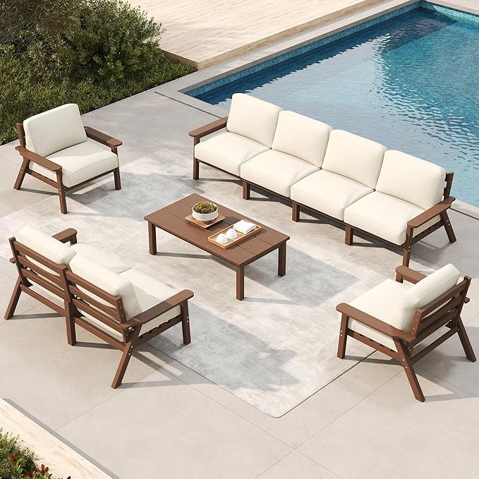 Patio Kingdom Patio Furniture Set 8 Seats, HDPE Outdoor Sectional with Beige Washable Thick Cushions, Coffee Table, Patio Conversation Sets for Lawn, Garden, Porch, Balcony, Deck (Brown Frame)