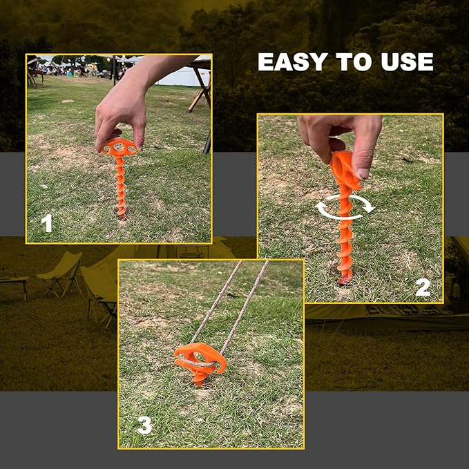 COBARYEN Tent Stakes Ground Anchors Screw in, 16 Pack Sand Stakes for Beach 9.4 Inch Heavy Duty Spiral Tent Pegs for Camping, Party, Hiking, Outdoor Decoration (16, Orange)