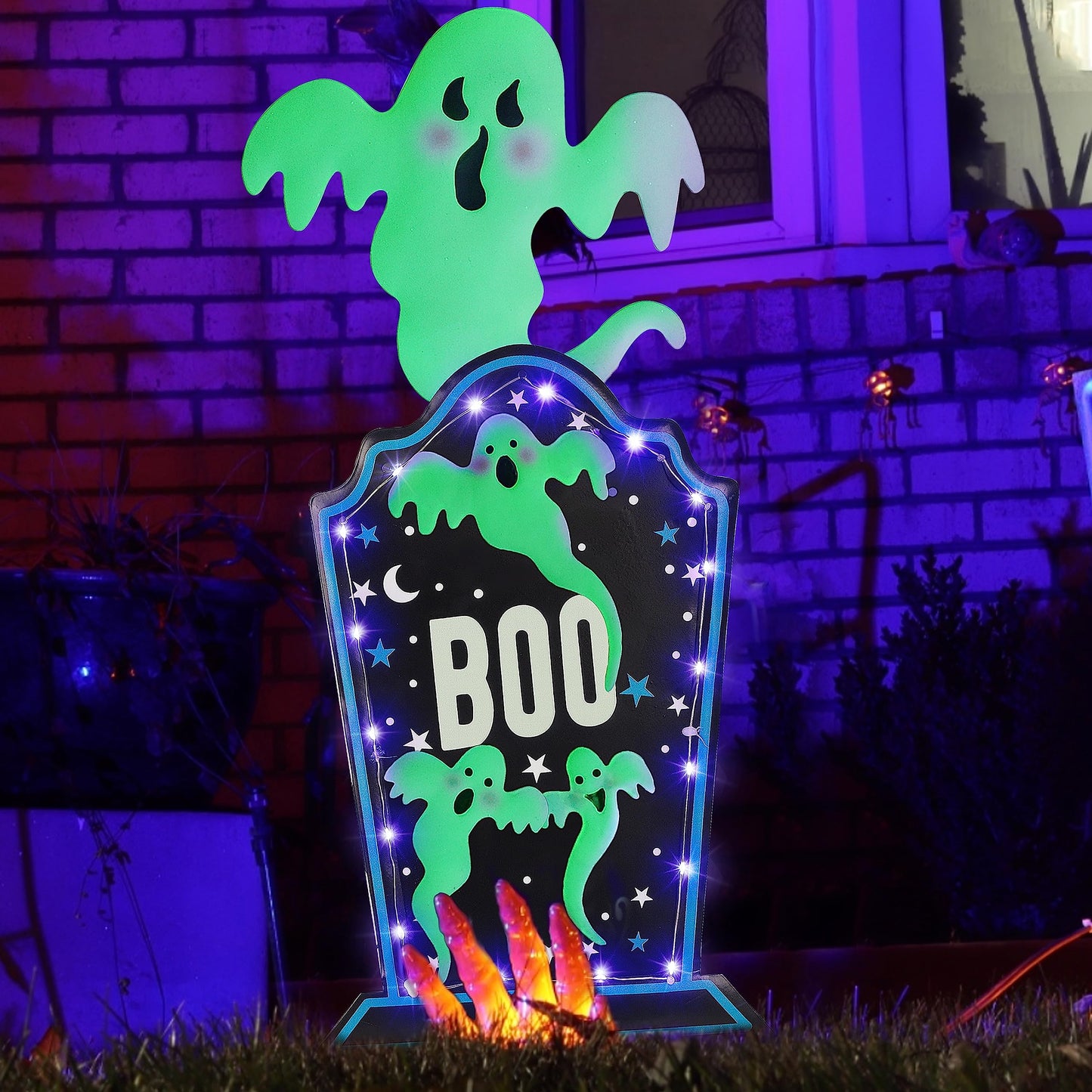 Joliyoou Halloween Yard Stake, 26.4" Solar Lighted Metal Tombstone with Glow in The Dark Ghosts, 18 LED Purple Lights Spooky Yard Sign for Outdoor Front Door Yard Lawn Garden Decors