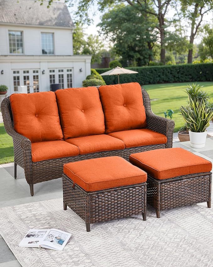 ACTREST Patio Couch Outdoor Wicker Sofa - Heavy Duty All-Weather Brown Rattan 3-Seater with High Back and Comfortable Thick Cushions for Garden Back Porch Poolside Apartment - Orange