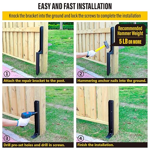 Epcee Heavy Duty Steel Repair Stakes, Anchor Ground Spike, for Repair Tilted/Broken Wood Fence Post (2 Pack/Black）