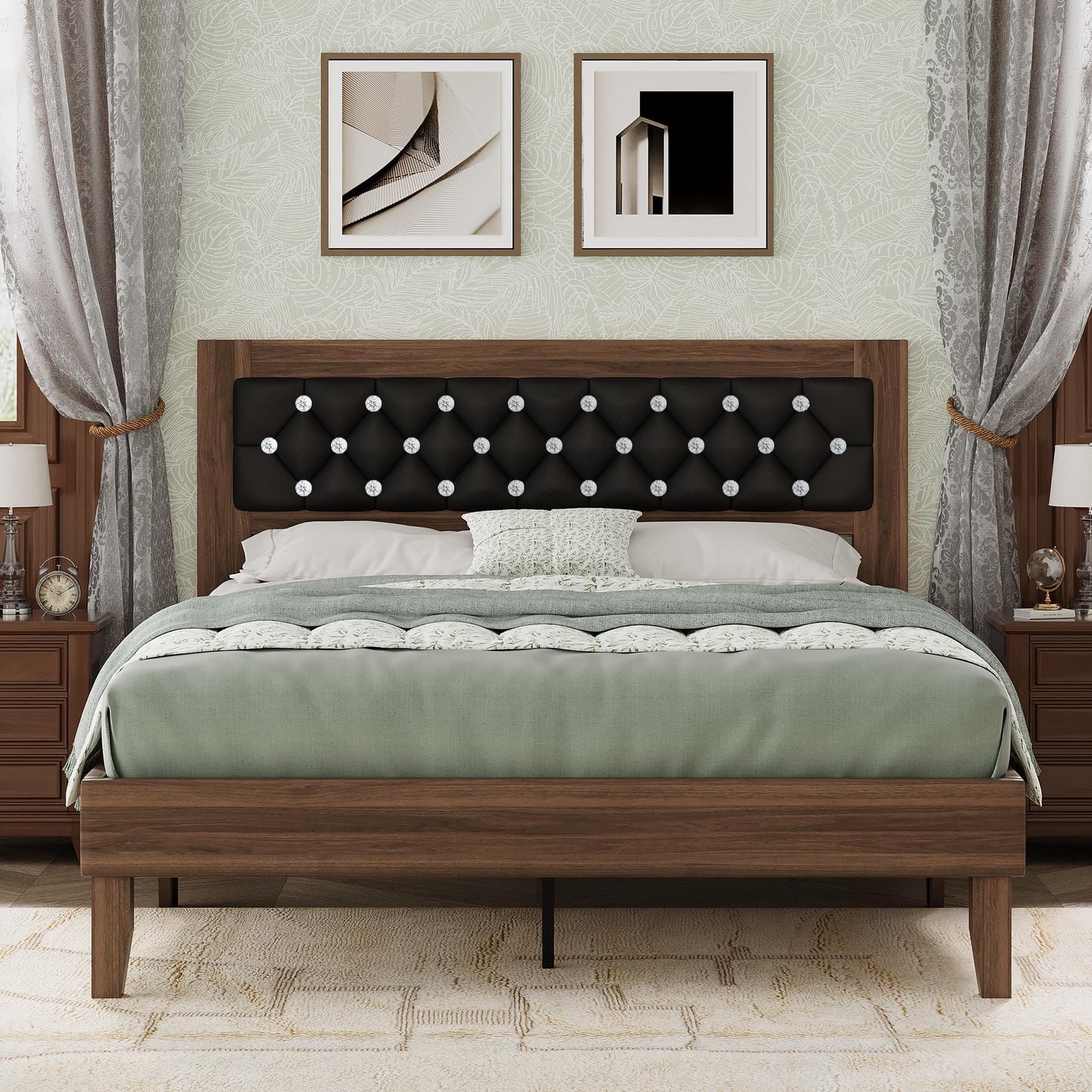 Queen Size Bed Frame, Wooden Platform Bed with Diamond Tufted Headboard, PU Upholstered Bed Frame, Wood Slat Support, No Box Spring Needed, Easy Assembly, Walnut